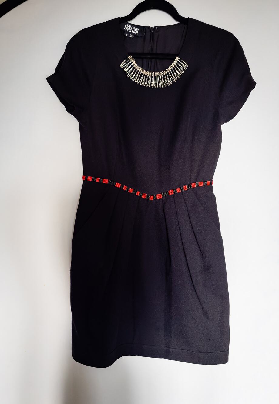Vena Cava Black Shift Dress with Safety-Pin Fringe Collar Beaded Belt Sz 8